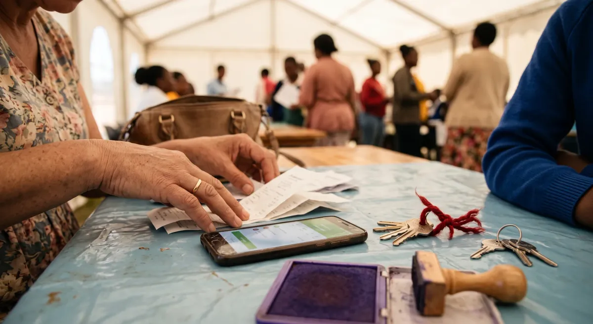 Hands sorting receipts beside a phone, house keys, and a rubber stamp with a purple ink pad on a canvas-tent table.