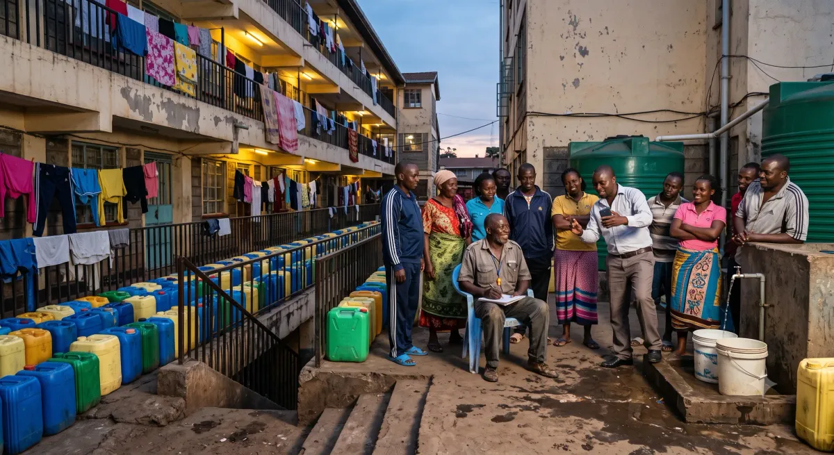 A black comb being rinsed in the last cup of water while blue jerricans wait outside a Nairobi estate salon.