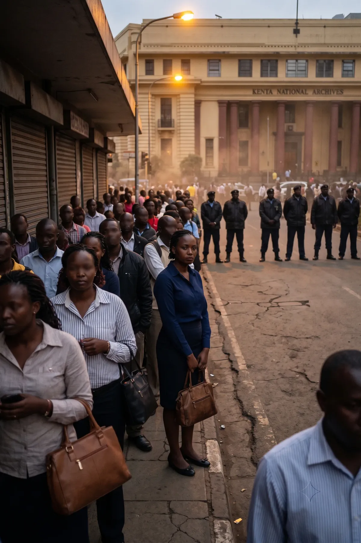 Stranded Nairobi commuters wait outside Archives at dusk as a woman clutches her handbag near the kerb.