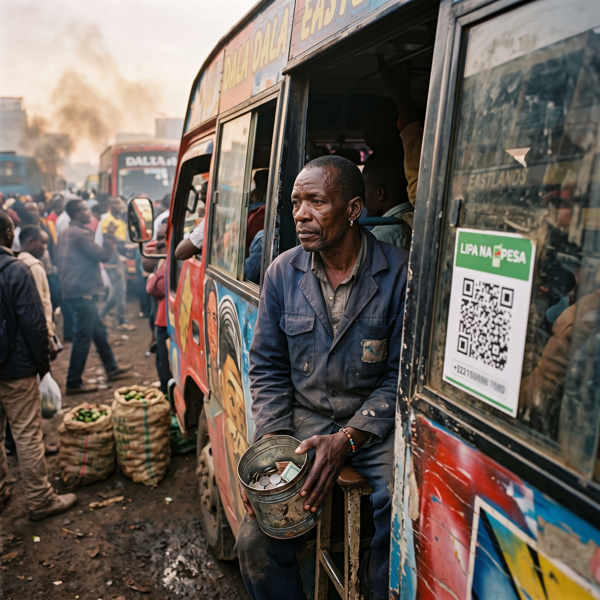 Older Eastlands matatu conductor holding a dented fare tin beside a QR code sticker at dawn.