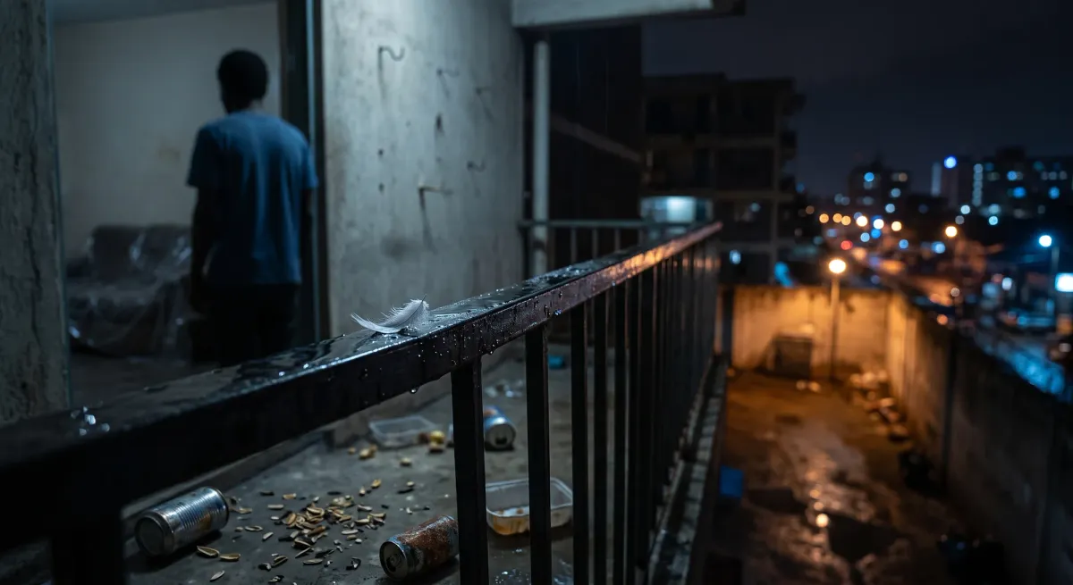 A man stands on a dark estate balcony at night, seeds scattered along the railing, city lights below.
