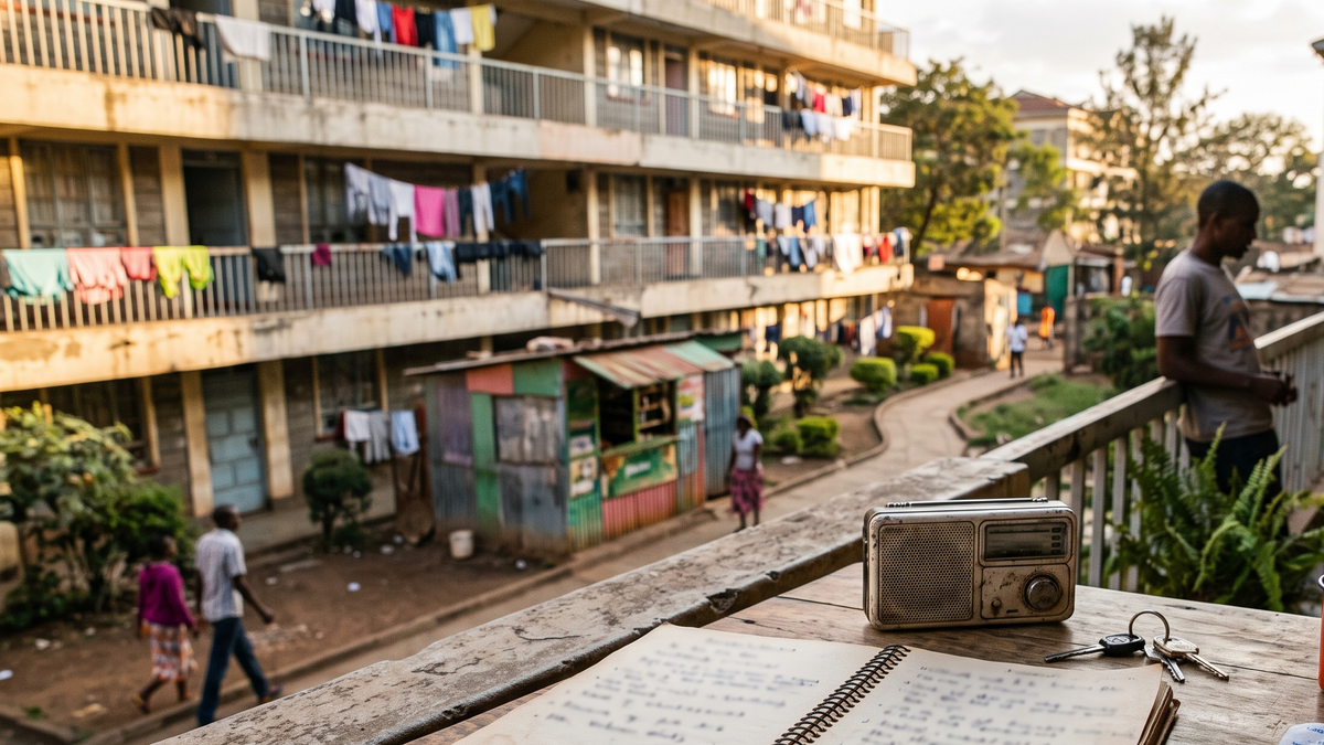 A Nairobi estate balcony table with a notebook, radio, keys, and apartment blocks with laundry in the background.