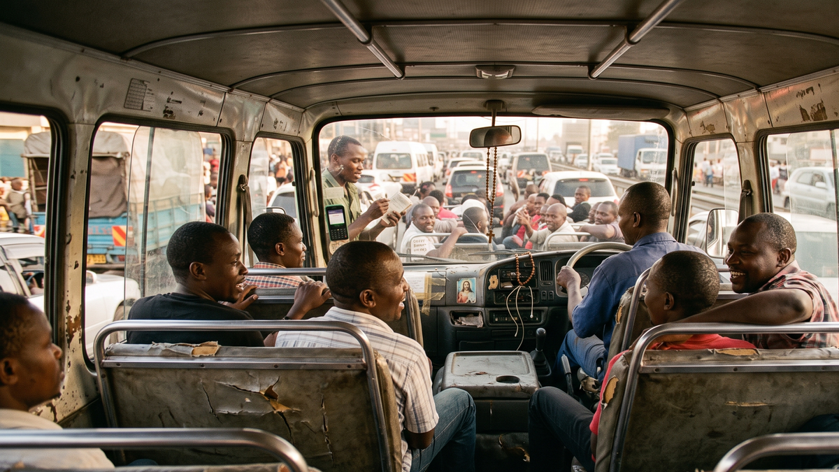 Passengers gather around an aging Nairobi matatu during a community brake-repair fundraiser.